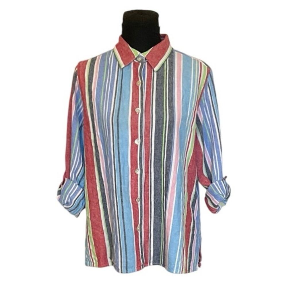 Breckenridge Woman Linen Blend Button Up Shirt 1X Colorful Stripe Roll Tab